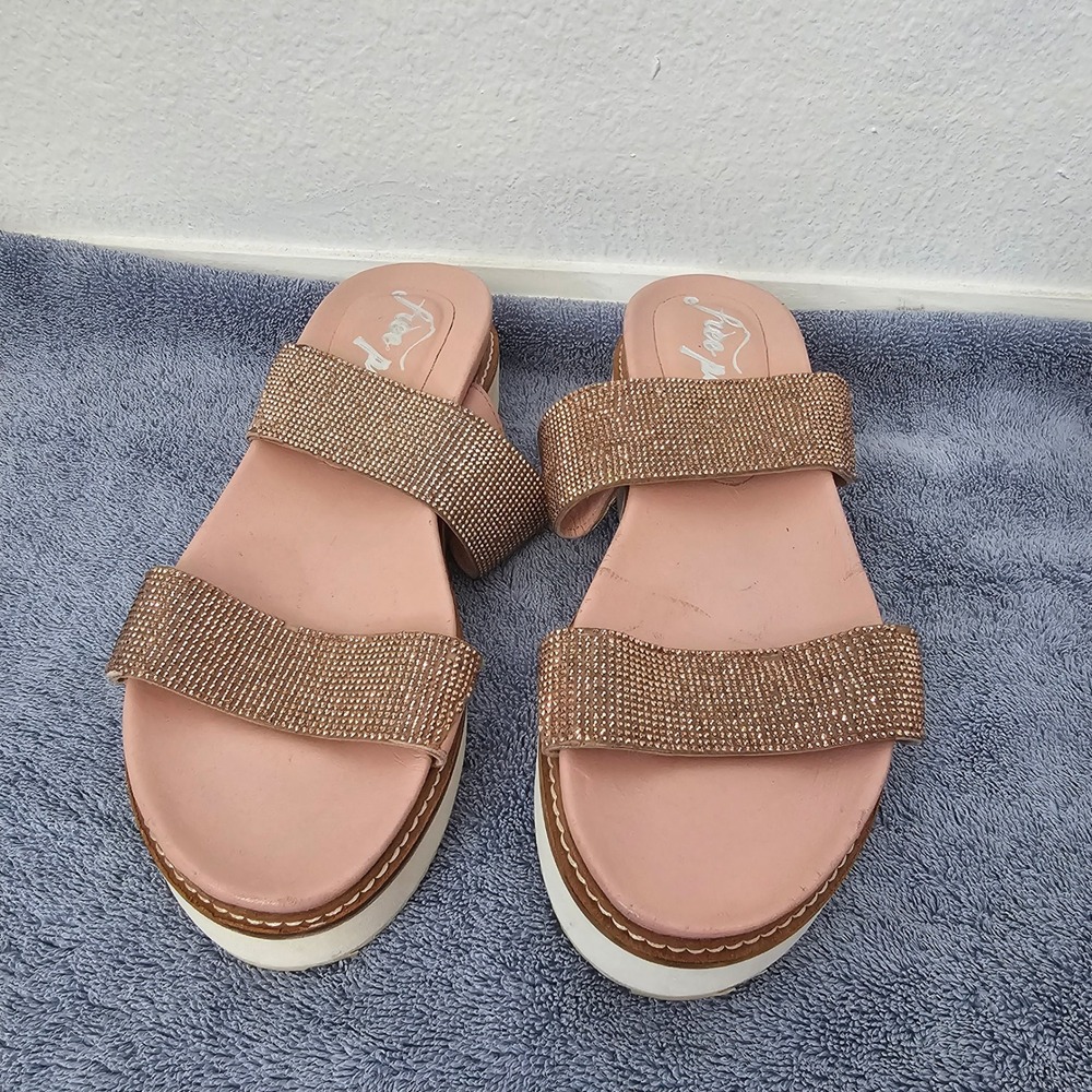 Free People Pink Rhinestone Platform Slide Sandals Rose Gold Flatform EU 39/ 8.5